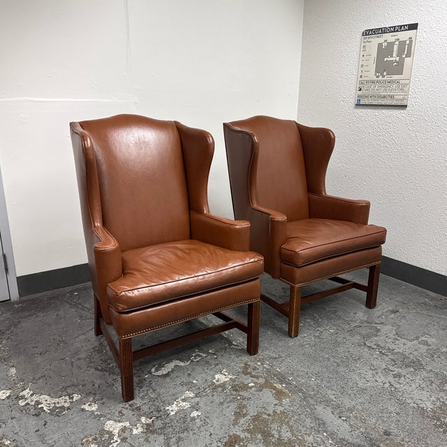 Traditional Bespoke Leather Wingback Armchairs, Pair For Sale - Image 3 of 12