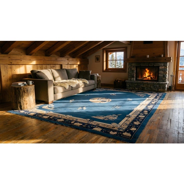 A Beautiful Genuine Blue Ground Color With Chinoiserie Pattern Antique Chinese Peking Rug For Sale - Image 9 of 10
