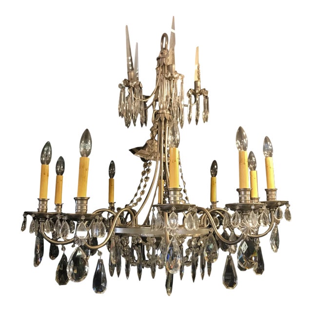Vintage Ten Arm Nickel and Crystal Chandelier For Sale