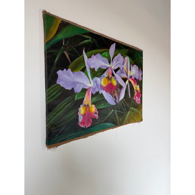 A vibrant 2003 oil on canvas painting by Ashrami depicting a lush arrangement of tropical orchids in vivid lavender, pink,...