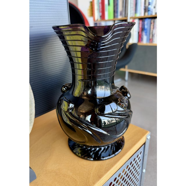 Glass Vintage Liberty Craftworks Black Amethyst Glass Lily Pad Pitcher Garrett Vilicich Signed For Sale - Image 7 of 14