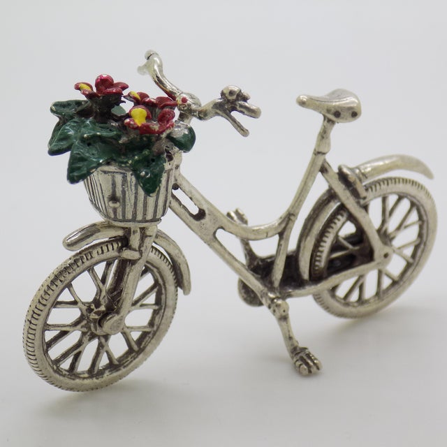 Italian Vintage Italian Handmade Genuine Silver Bicycle With Flower Basket Figurine, Dollhouse Miniature, Made in Tuscany (Arezzo) For Sale - Image 3 of 9