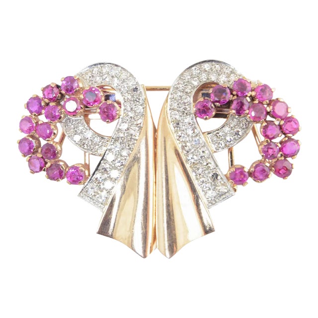 Retro Ruby and Diamond Rose Gold Ribbon Double Clips Brooch For Sale