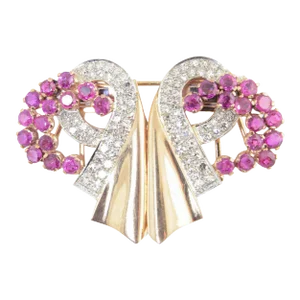 Retro Ruby and Diamond Rose Gold Ribbon Double Clips Brooch