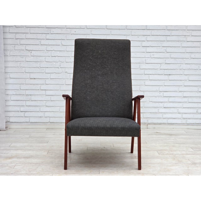 Danish Highback Armchair in Fabric and Teak, 1970s For Sale - Image 4 of 16