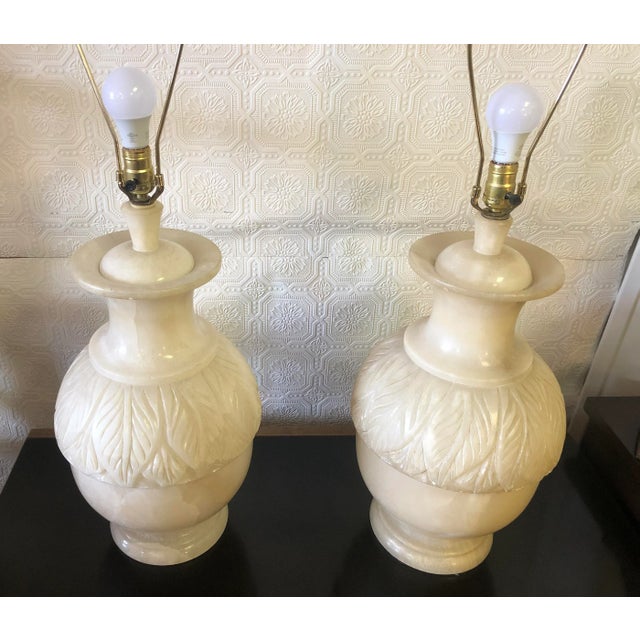 Gemstone Vintage Alabaster or Jade Lamps - Pair For Sale - Image 7 of 8