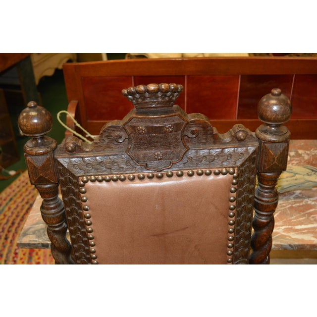 Victorian 1930s Set of 4 Carved Oak Dining Chairs with Barley Twist Sides and Nailhead Trim For Sale - Image 3 of 12