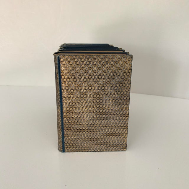 Deep Blue and gold printed leather bound books of Victor Hugo's Works including Ninety-Three, The Man Who Laughs in 2...