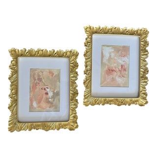 Pair of Original Abstract Paintings on Paper Matted and Framed For Sale