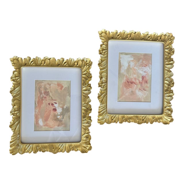 Pair of Original Abstract Paintings on Paper Matted and Framed For Sale