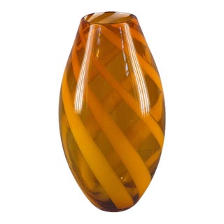 Mid-Century Modern Hand-Blown Cased Glass Warm Amber White Ribbon 14.5'' Vase For Sale