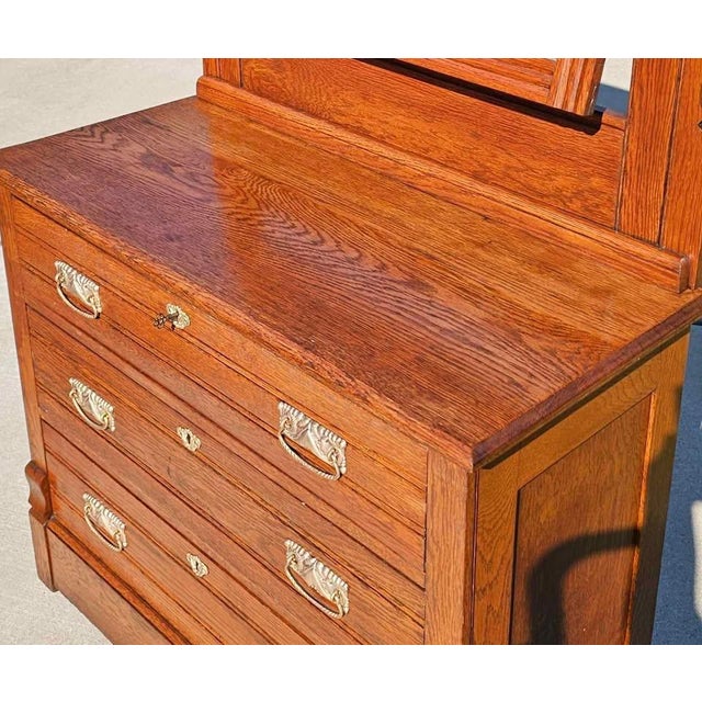 Antique Quarter-Sawn Oak Dresser With Mirror & Key, Eastlake / Mission Influence (C. 1900-1910) For Sale - Image 9 of 12