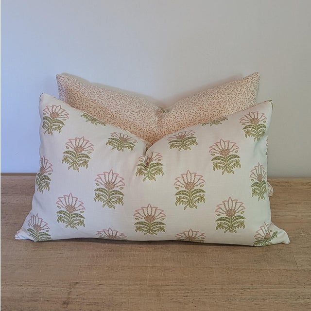 Anna French Millford Lumbar pillows in Pink & Green is the cutest floral block print. Coordinating pink swirl backs....