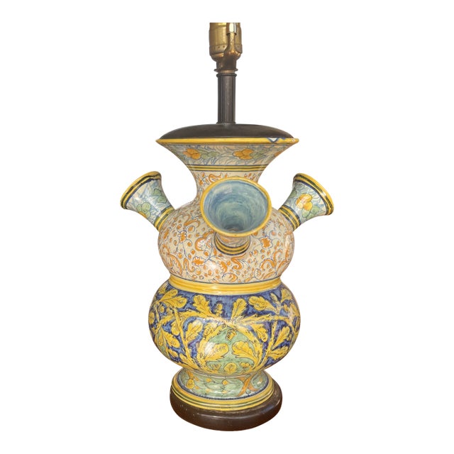 1970s Italian Cantagalli Majolica Trumpet Vase Lamp For Sale
