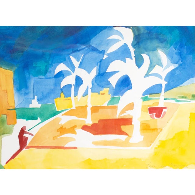 A 1999 watercolor painting by the American artist Norma Jean Bruckner. This vibrant abstract depicts a windswept landscape...