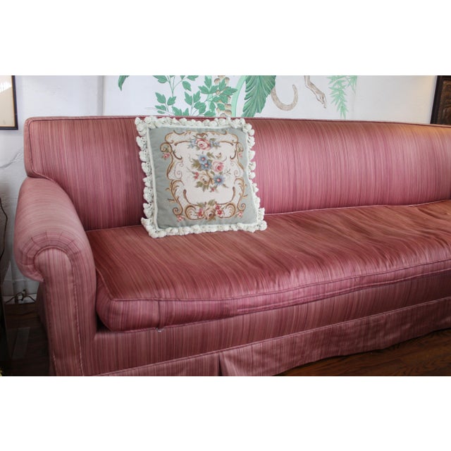 French traditional wool pedi point down pillow with roses motif, cotton loop fringe, tassels and a light tan velvet back....