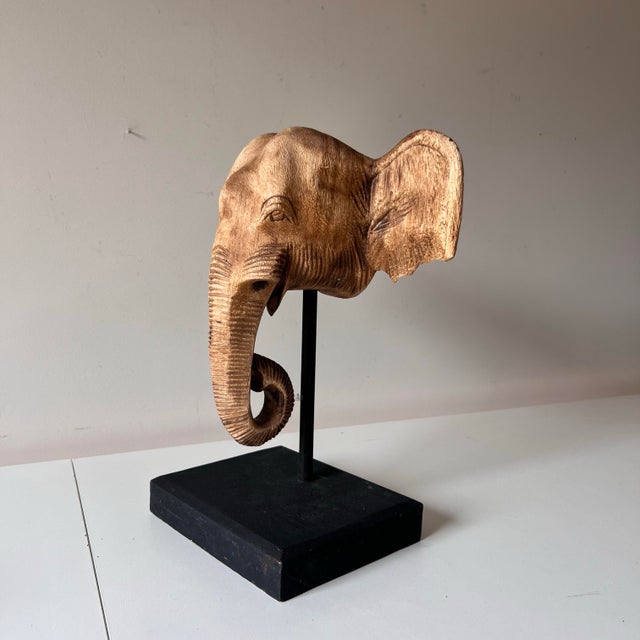 Maitland - Smith Vintage Carved Wood Elephant Head on a Pedestal Decorative Accent For Sale - Image 4 of 7