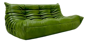French Three-Seater Togo Sofa in Forest Green Leather attributed to Michel Ducaroy for Ligne Roset