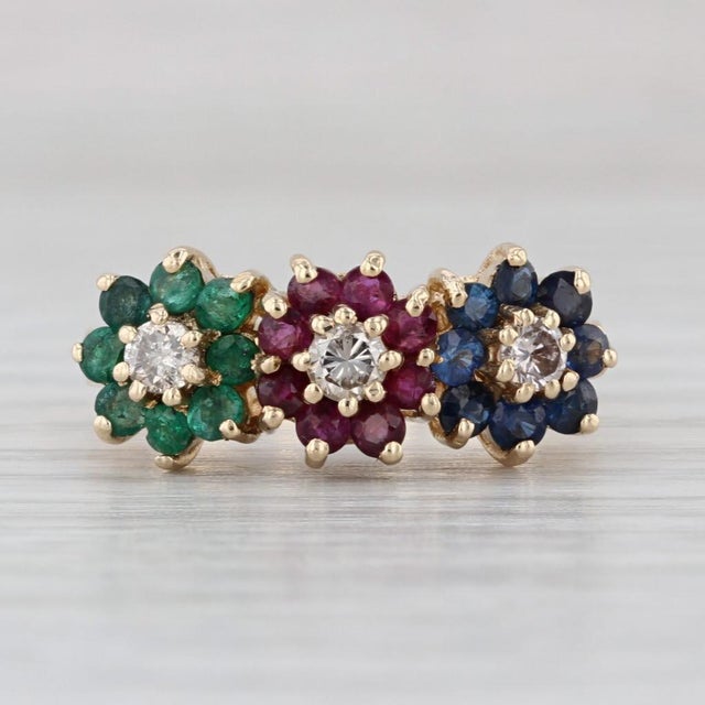 0.89ctw Diamond Emerald Ruby Sapphire Flowers Ring 14k Yellow Gold Size 6.25 For Sale In Greensboro - Image 6 of 8