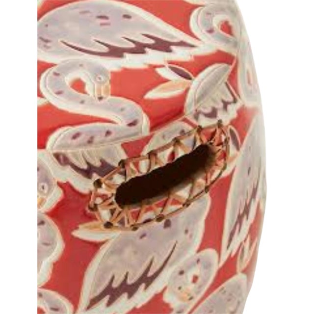 Coastal Anthropologie Flamingo Garden Stools With Rattan Handles - a Pair For Sale - Image 3 of 5