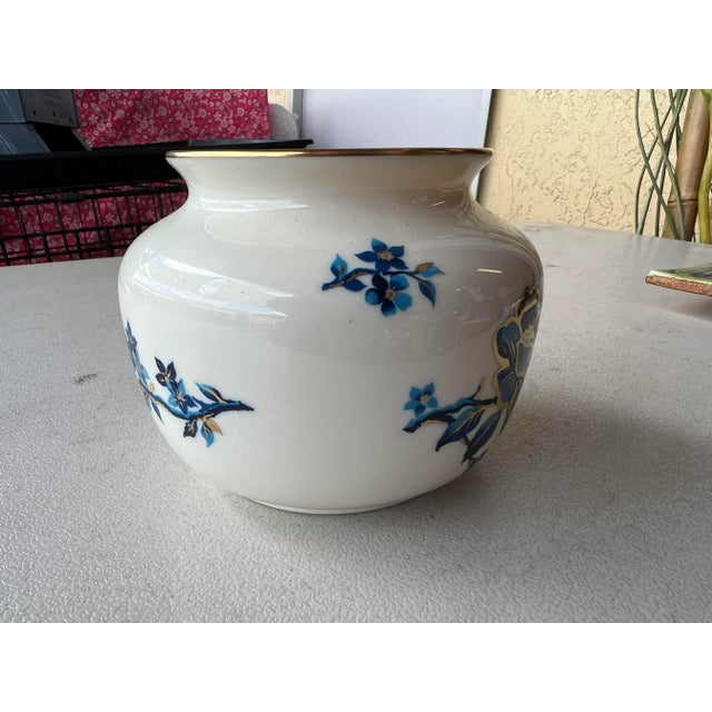 Pagoda Small Vase by Lenox. Ivory Background with hand painted Blue & 24K Gold Flowers and trim. Discontinued 1984