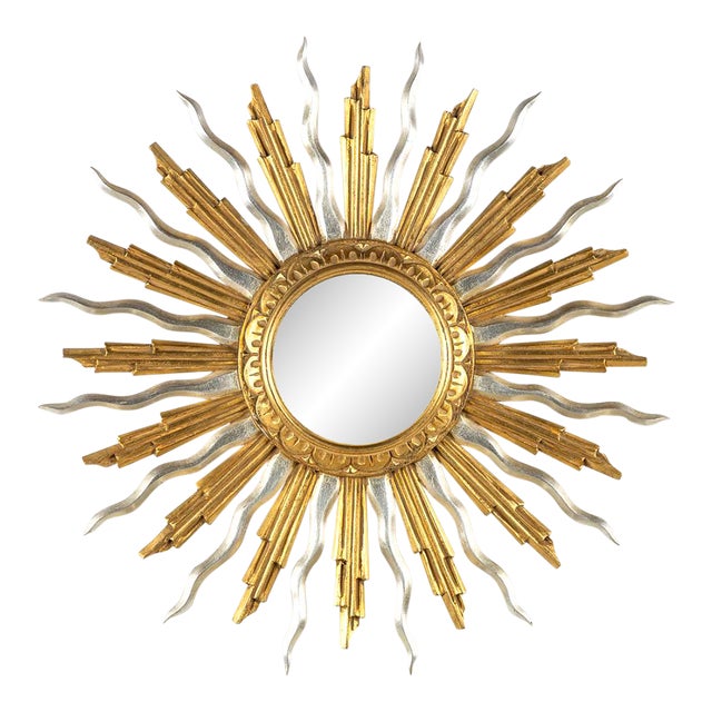 Gold and Silver Mid-Century Giltwood Vintage Sunburst Mirror For Sale
