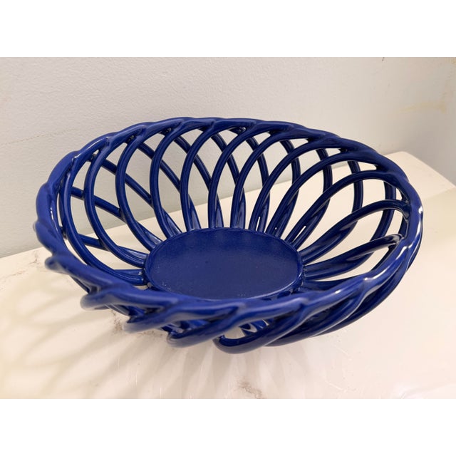 Vintage Italian Blue Lattice Open Weave Ceramic Fruits Basket. For Sale - Image 9 of 12