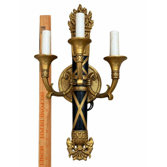 Antique French Empire Brass Torch Design 3 Arm Wall Sconce For Sale - Image 4 of 6