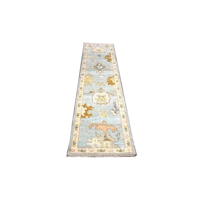 Early 21st Century 21st Century Turkish Oushak Wool 2x10 Light Blue, Yellow & Ivory Handmade Runner Rug #1144116 For Sale - Image 5 of 11