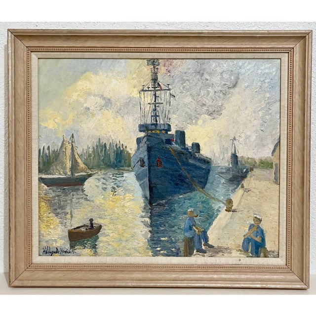 Hildegarde Hamilton, Oil Painting Harbor Scene with Naval Ships Sailors & Boats Hildegarde Hamilton For Sale