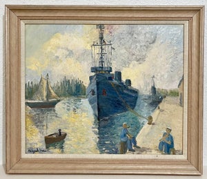 Hildegarde Hamilton, Oil Painting Harbor Scene with Naval Ships Sailors & Boats Hildegarde Hamilton