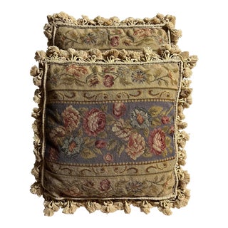 Set of 2 Vintage Wool Petit Point Needlepoint Pillows With Cotton Fringe For Sale