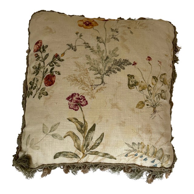 1980s Linen Pillow With Floral Pattern and Tassels For Sale