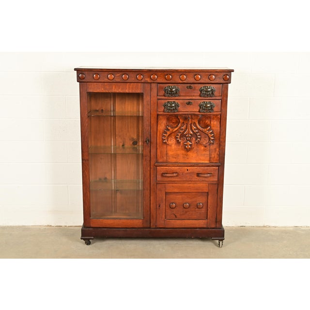 Victorian Antique Victorian Carved Oak Smoker's Display Cabinet With Drop Front Desk, Circa 1900 For Sale - Image 3 of 13