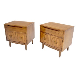 Pair Light Walnut One Drawer Two Doors Solid Brass Bucked Pulls Nightstands For Sale