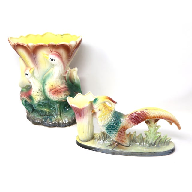 Mid-Century Modern Vintage Mid-Century Iridescent Pheasant Ceramic Vases — Matched Pair For Sale - Image 3 of 11