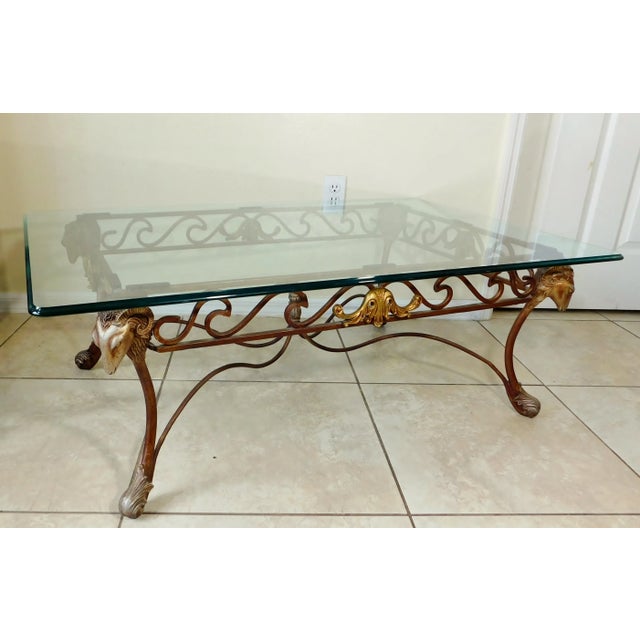 Metal Vintage Neoclassical Wrought Iron Sculptural Ram's Head Thick Glass Top Coffee Table For Sale - Image 7 of 13