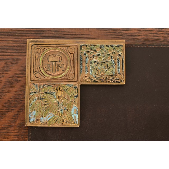 Tiffany Studios New York Bookmark Pattern Bronze Doré and Enamel Blotter Corners With Leather Desk Blotter For Sale In South Bend - Image 6 of 13
