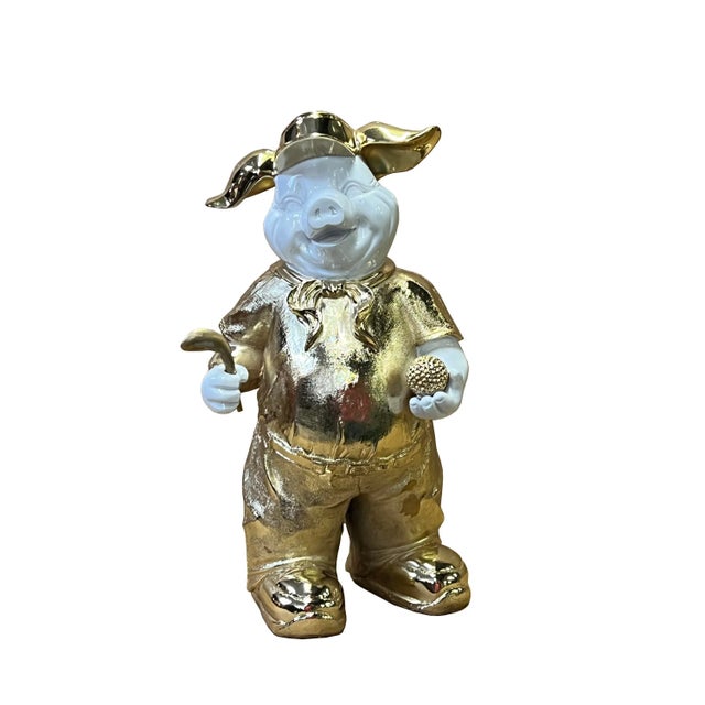 2020s Gold White Piggy Golf Accent Fiber Glass Decor Figure For Sale - Image 5 of 5