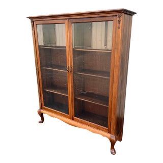 Antique Cherry Queen Anne Double Door Bookcase For Sale