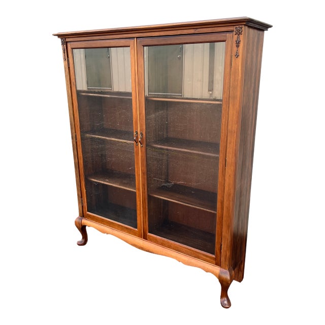 Antique Cherry Queen Anne Double Door Bookcase For Sale