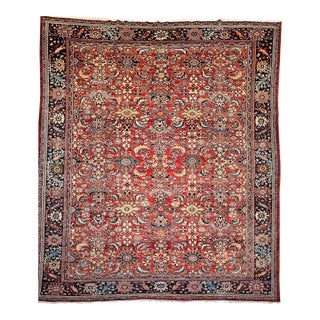 Vintage Oversized Persian Mahal Sultanabad Rug, Hand-Knotted Wool, Geometric Pattern, 12x15, Red & Navy For Sale
