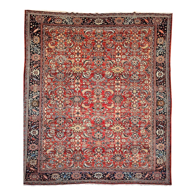 Vintage Oversized Persian Mahal Sultanabad Rug, Hand-Knotted Wool, Geometric Pattern, 12x15, Red & Navy For Sale
