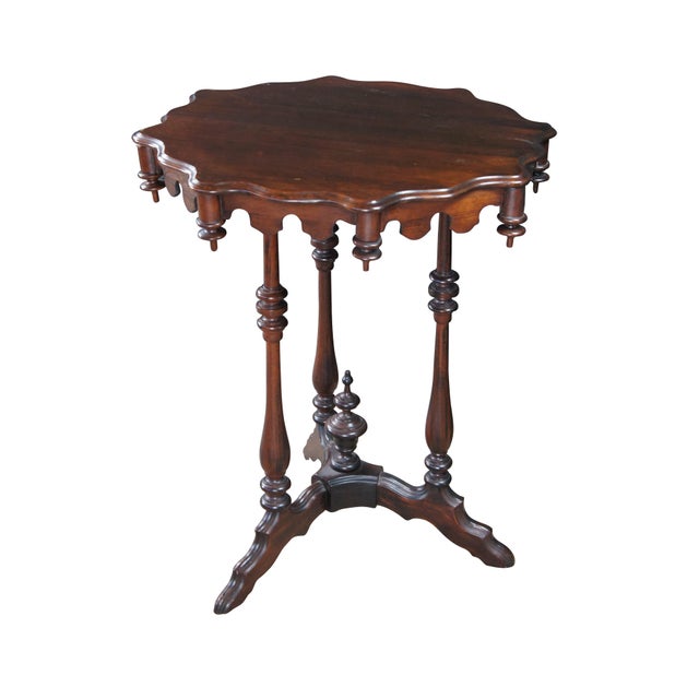 Gothic Antique Walnut Gothic Revival Scalloped Parlor Pedestal Center Table Stand For Sale - Image 3 of 10