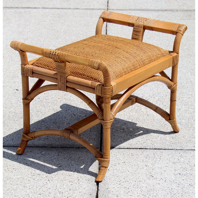 Wood Handwoven Rattan & Bamboo Pagoda-Style Ottoman / Bench – Boho Coastal Charm For Sale - Image 7 of 13