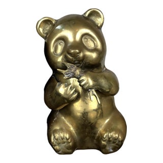 Vintage Mid-Century Brass Panda Bear Eating Bamboo Home Decor Heavy Statue For Sale