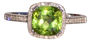 The Mount Fairweather: Cushion Shaped Peridot and Natural Diamond Halo Ring in White Gold