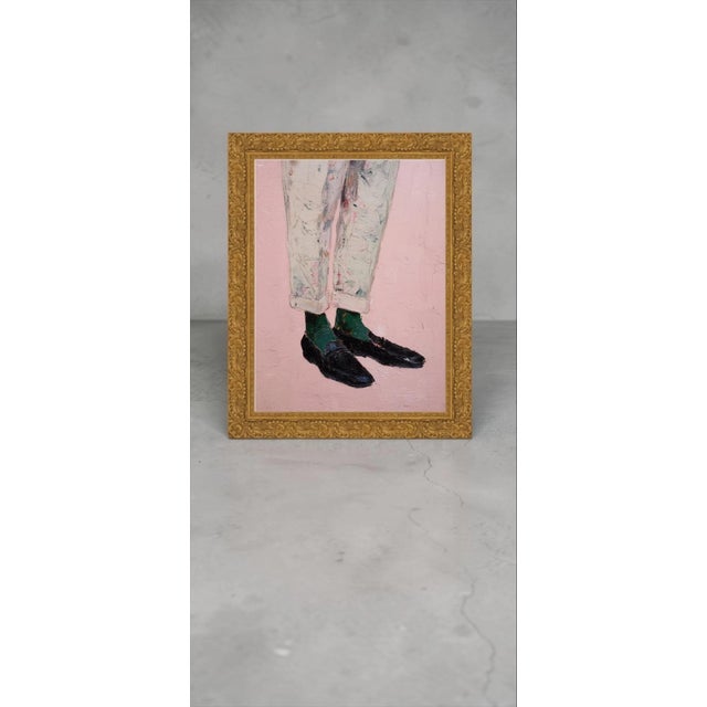 A charming figurative artwork capturing the lower half of a figure in cuffed painterly trousers, emerald green socks, and...