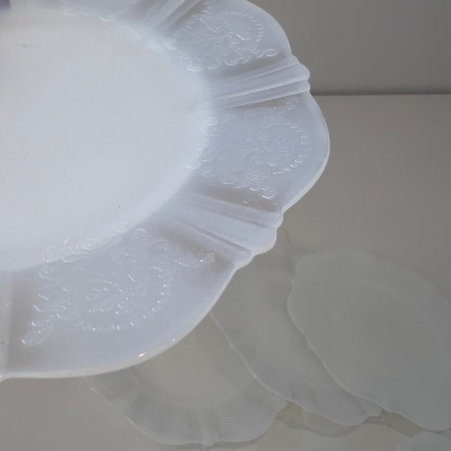 White Vintage 1930s Macbeth-Evans American Sweetheart Monax White Opalescent Glass Floral Embossed Dessert Plates, Set of 7 For Sale - Image 8 of 9