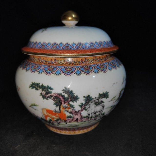 Ceramic Pair of Chinese Famille Rose Porcelain Covered Jars With Eight Horses Motif For Sale - Image 7 of 9